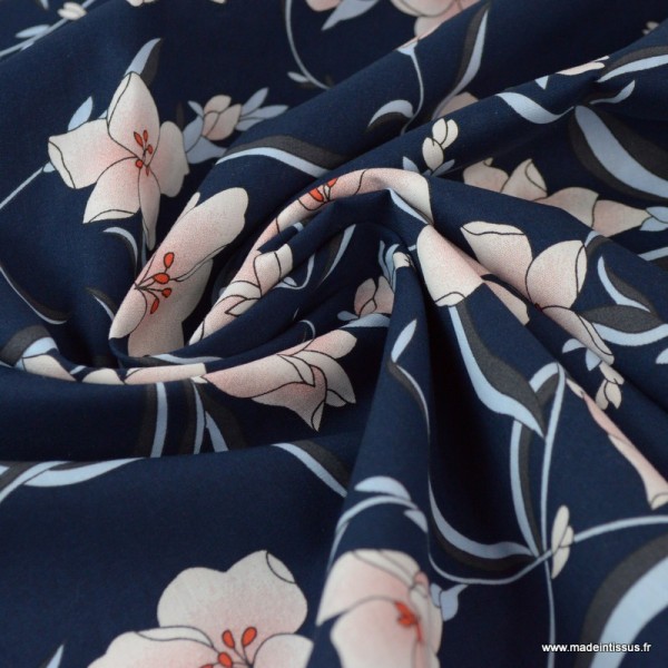 Tissu popeline imprimé fleurs roses fond bleu - Photo n°2
