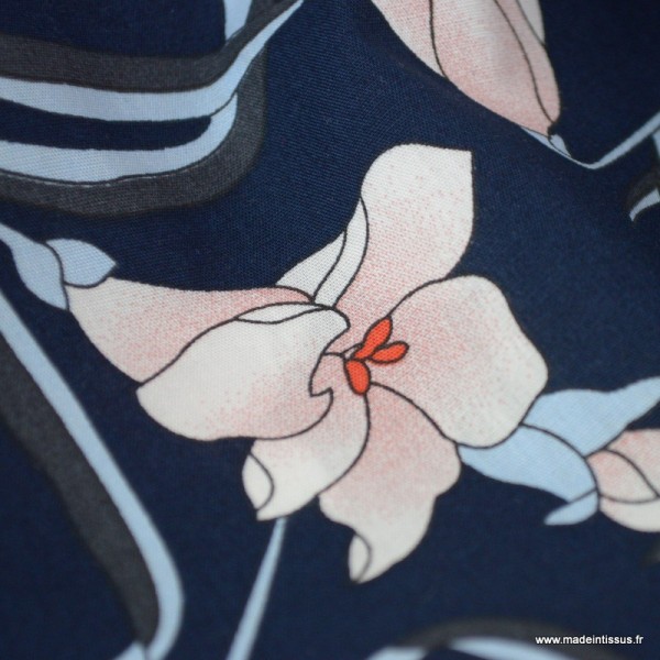 Tissu popeline imprimé fleurs roses fond bleu - Photo n°3