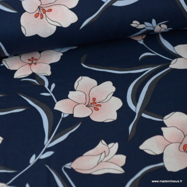 Tissu popeline imprimé fleurs roses fond bleu - Photo n°1