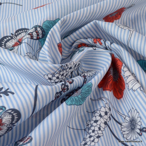 Tissu popeline à rayures bleu et blanches motif floral - Photo n°3
