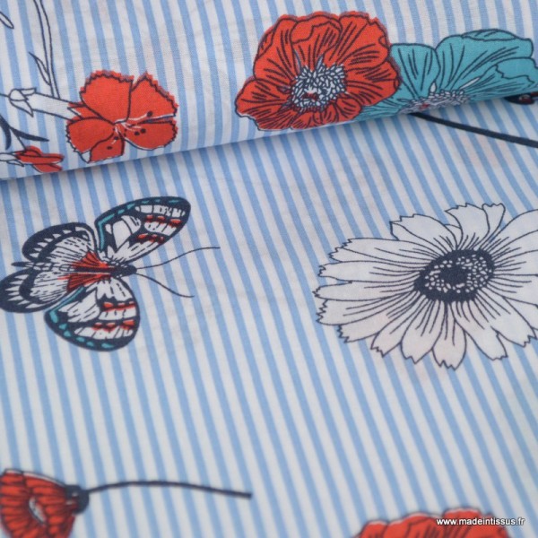 Tissu popeline à rayures bleu et blanches motif floral - Photo n°1