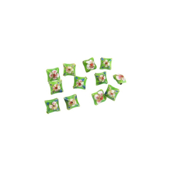 Lot de 9 perles cloisonnées chinoises carré coussin vert 12 mm - Photo n°1