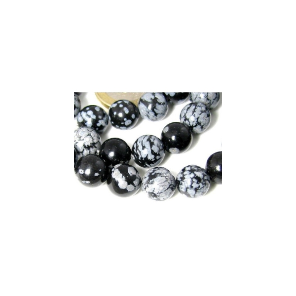 Fil de 82 perles rondes 4mm 4 mm en obsidienne flocons de neige mouchetée - Photo n°1