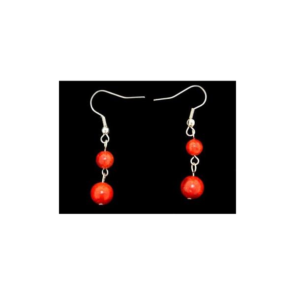 Boucles d'oreilles pendantes boules perles en corail rouge - Photo n°1