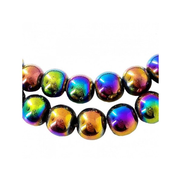 Fil de 95 perles rondes 4mm 4 mm en hématite arc en ciel multicolore teintée - Photo n°1