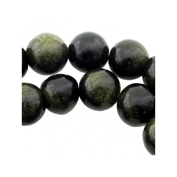 Fil de 42 perles rondes 8mm 8 mm en obsidienne noire dorée - Photo n°3