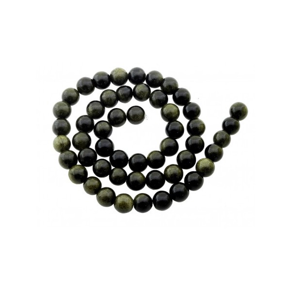Fil de 42 perles rondes 8mm 8 mm en obsidienne noire dorée - Photo n°4