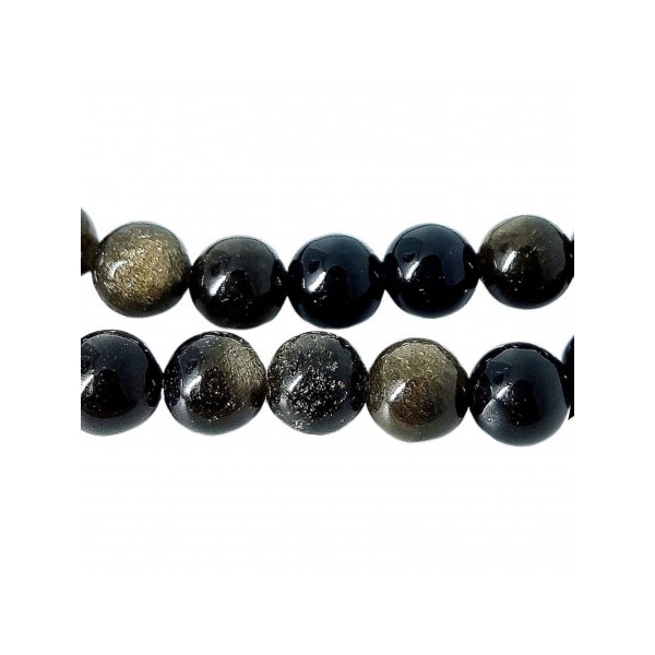Fil de 42 perles rondes 8mm 8 mm en obsidienne noire dorée - Photo n°1