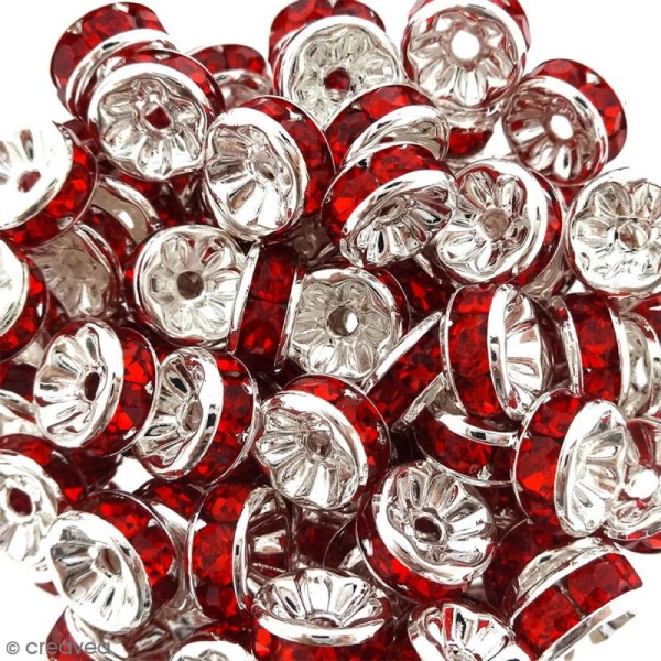 Perle intercalaire - Argentée à strass rouges - 8 x 3,5 mm - Photo n°2