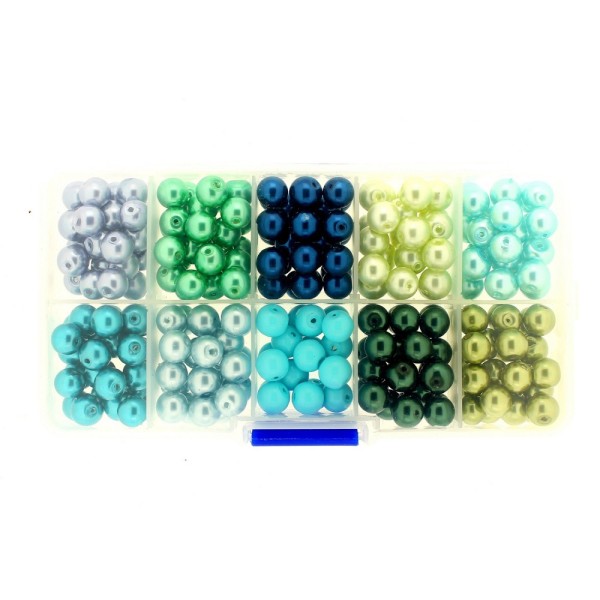 Boite box de perles rondes nacrées bleu jaune vert turquoise 8mm 250 perles - Photo n°1