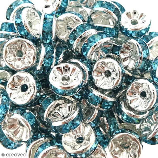 Perle intercalaire - Argentée à strass bleu turquoise - 8 x 3,5 mm - Photo n°2