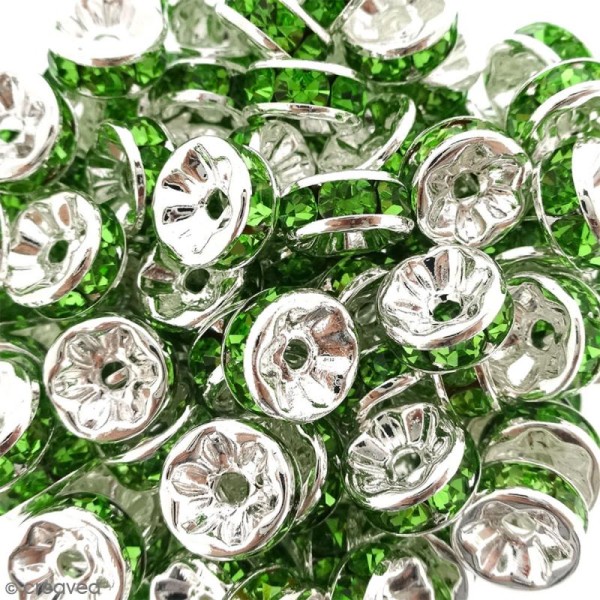Perle intercalaire - Argentée à strass verts - 8 x 3,5 mm - Photo n°2