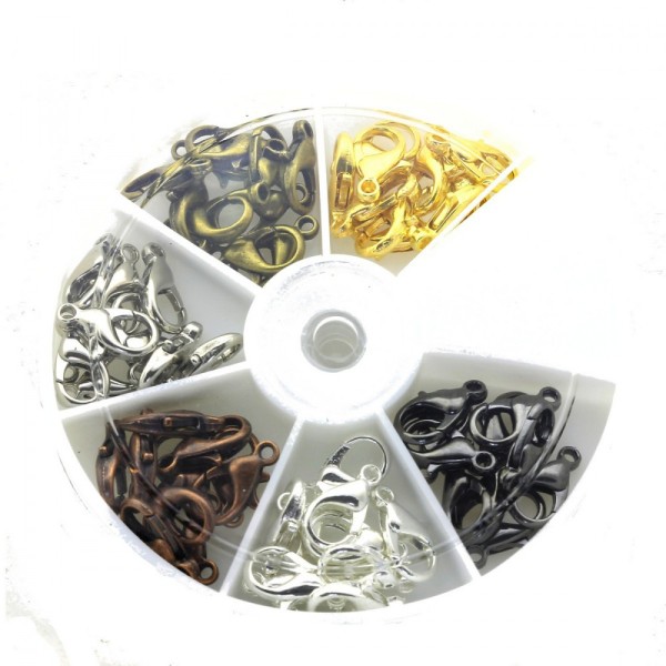 Boite box de mousquetons 14 X 8 mm - 6 coloris (argenté, doré, bronze,..) - env 60 pièces - Photo n°1