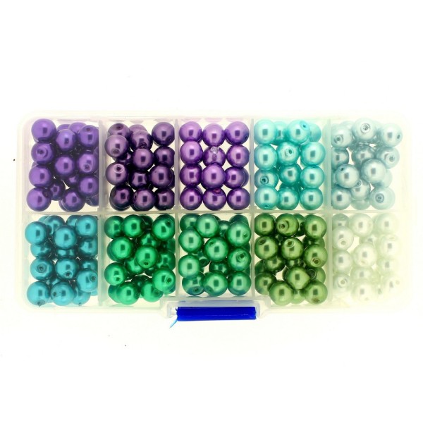 Boite box de perles rondes nacrées violet bleu vert blanc 8mm 250 perles - Photo n°1