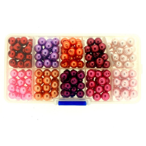 Boite box de perles rondes nacrées rouge orange rose violet 8mm 250 perles - Photo n°1