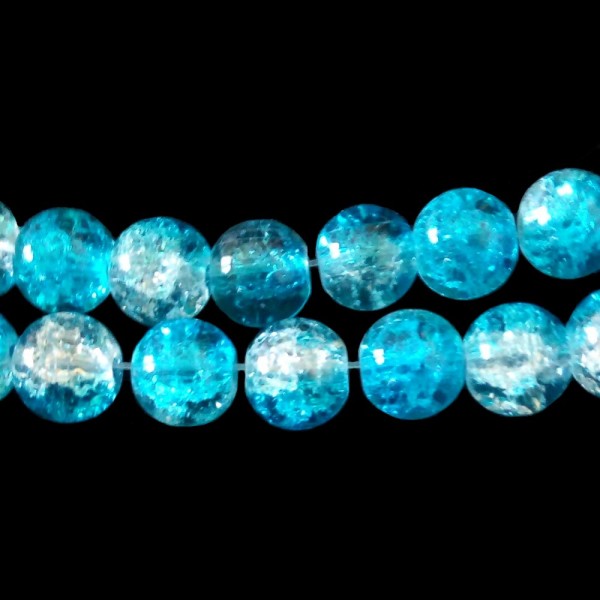 Fil de 130 perles rondes craquelées bleu lagon et blanc en verre 6mm 6 mm - Photo n°1