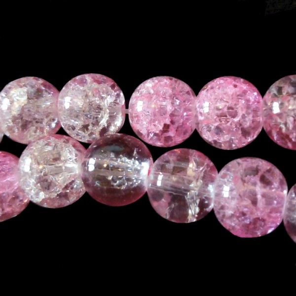 Fil de 130 perles rondes craquelées rose clair et blanc en verre 6mm 6 mm - Photo n°1
