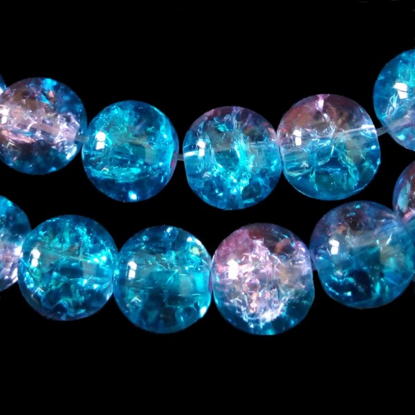 Fil de 100 perles rondes craquelées bleu et violet en verre 8mm 8 mm - Photo n°1