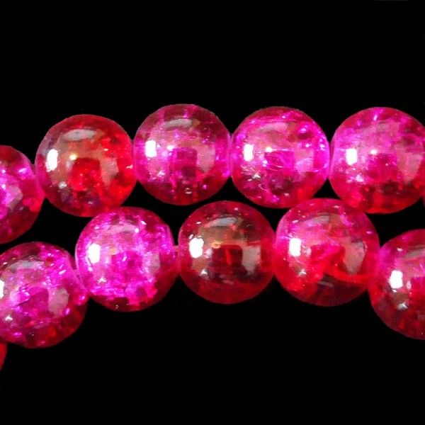 Fil de 130 perles rondes craquelées rouge et rose fonçé en verre 6mm 6 mm - Photo n°1