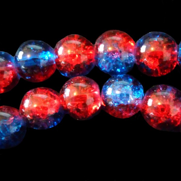 Fil de 95 perles rondes craquelées rouge et bleu en verre 8mm 8 mm - Photo n°1