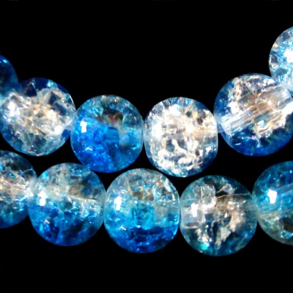 Fil de 125 perles rondes craquelées bleu fonçé et blanc en verre 6mm 6 mm - Photo n°1