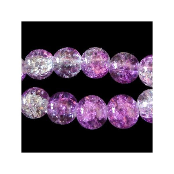 Fil de 130 perles rondes craquelées fushia violet fonçé et blanc en verre 6mm 6 mm - Photo n°2