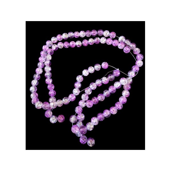 Fil de 130 perles rondes craquelées fushia violet fonçé et blanc en verre 6mm 6 mm - Photo n°3