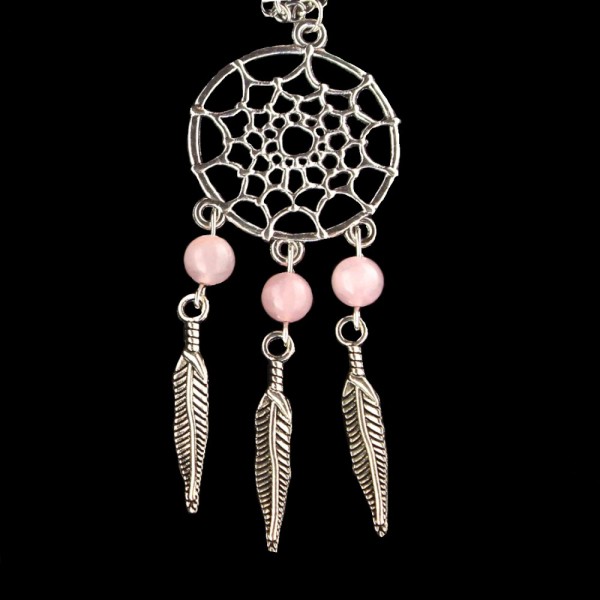Collier Indien dreamcatcher attrape rêve en acier et perles de quartz rose - 45cm - Photo n°1