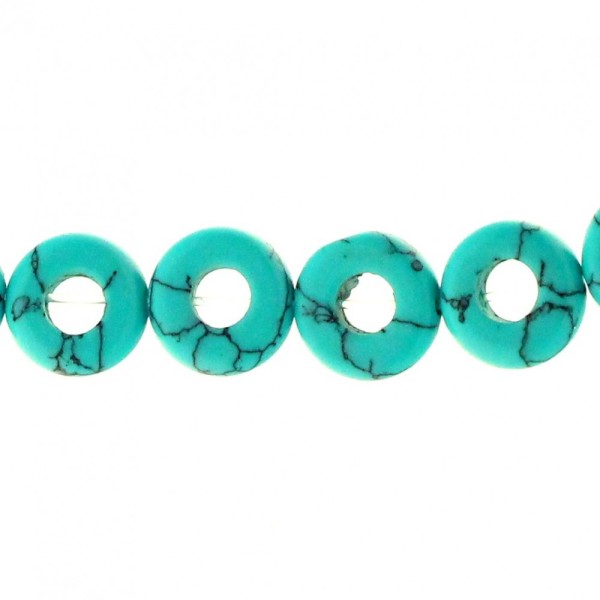 Fil de 19 perles forme donut 1cm en howlite bleu turquoise - Photo n°1