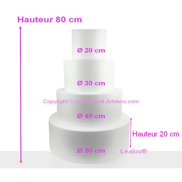 Pièce montée Wedding Cake, haut. 80 cm, Base Ø 50cm à 20cm, 4 disques de 20cm de haut, Polystyrène h - Photo n°2