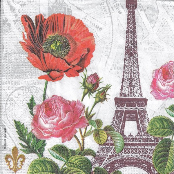 4 Serviettes en papier Paris Tour Eiffel Coquelicot Format Lunch Decoupage Decopatch 133-3166 PPD - Photo n°1