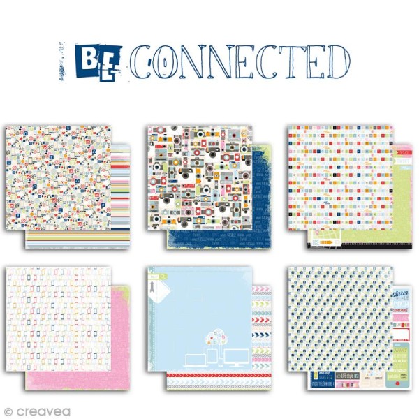 Papier scrapbooking - Be Connected - vert, bleu et rose - 6 feuilles 30,5 x 30,5 cm - Photo n°2