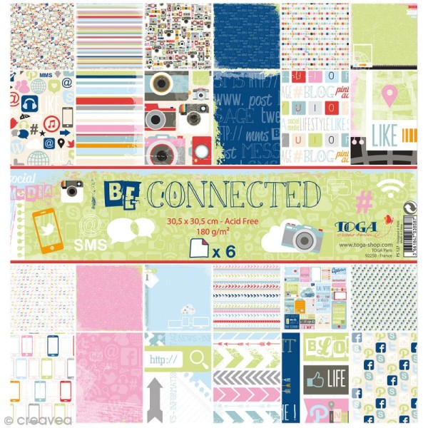 Papier scrapbooking - Be Connected - vert, bleu et rose - 6 feuilles 30,5 x 30,5 cm - Photo n°1