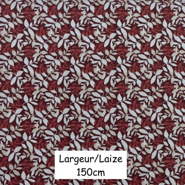 Tissus Coton Motif Feuillage Rouge Grenat, Beige Et Blanc - Vendu Au Mètre - Photo n°1