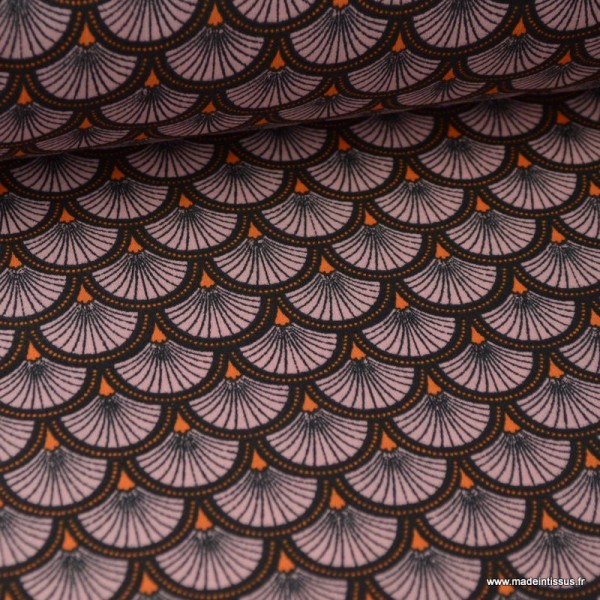Tissu cretonne coton imprimée Ecailles Rose et noir - Photo n°1