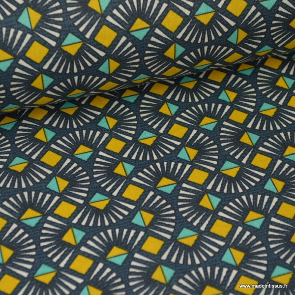 Tissu coton Oeko tex imprimé graphique Wax Pétrole et moutarde - Photo n°1