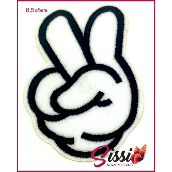 Ecusson thermocollant Minnie doigts peace super mickey noir blanc patch thermofix 8,5x6cm - Photo n°1