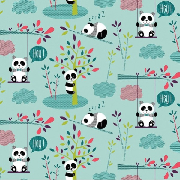 Tissu coton Oeko tex imprimé Pandas fond Turquoise - Photo n°1
