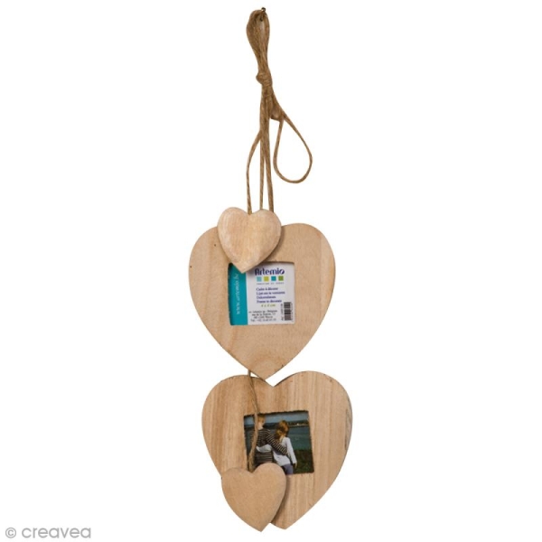 Cadres photos Coeur en bois à suspendre - 2 pcs +2 petits coeurs - Photo n°1