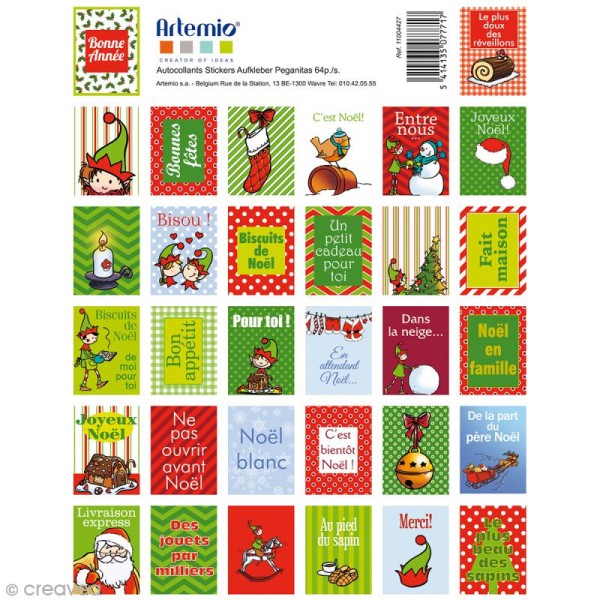 Stickers timbre décoratifs Artemio - Imprimés Noël - 3,3 x 2,7 cm - 64 pcs - Photo n°1