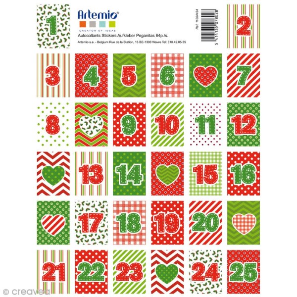 Stickers timbre décoratifs Artemio - Calendrier Avent - 3,3 x 2,7 cm - 64 pcs - Photo n°1
