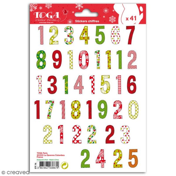 Stickers Toga Chiffres 1 à 25 - Noël traditionnel - 2 planches de 25 chiffres - Photo n°1