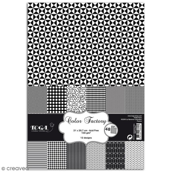 Papier scrapbooking Toga - Color factory - Noir et Blanc - 48 feuilles A4 - Photo n°1