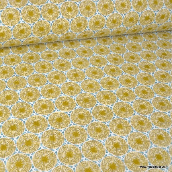 Tissu cretonne coton Oeko tex imprimé ronds graphiques Or x1m - Photo n°1
