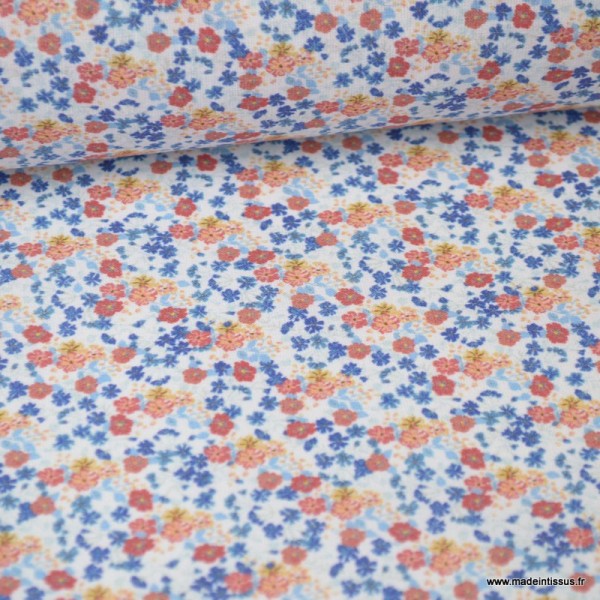 Tissu coton imprimé fleurs et fleurettes Rose et bleu Oeko tex - Photo n°1