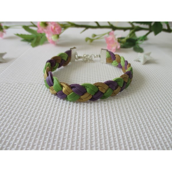 Kit bracelet suédine faux cuir tressée violet, doré et vert - Photo n°1