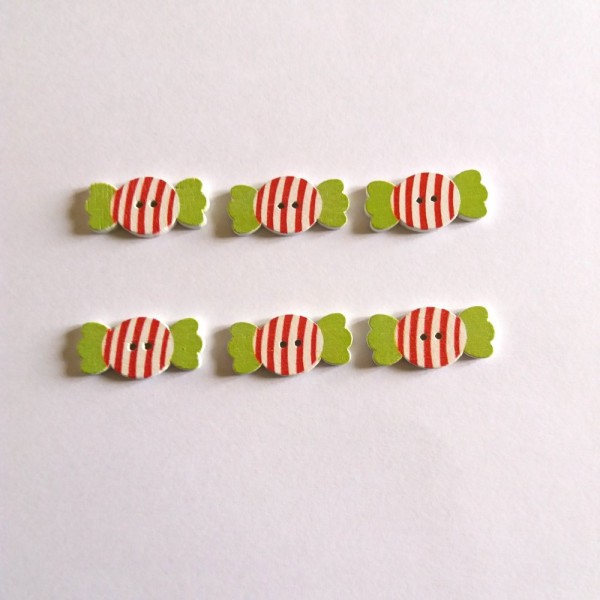 6 Boutons bois, bonbons vert et blanc à rayures rouge – 20x12mm - Photo n°1