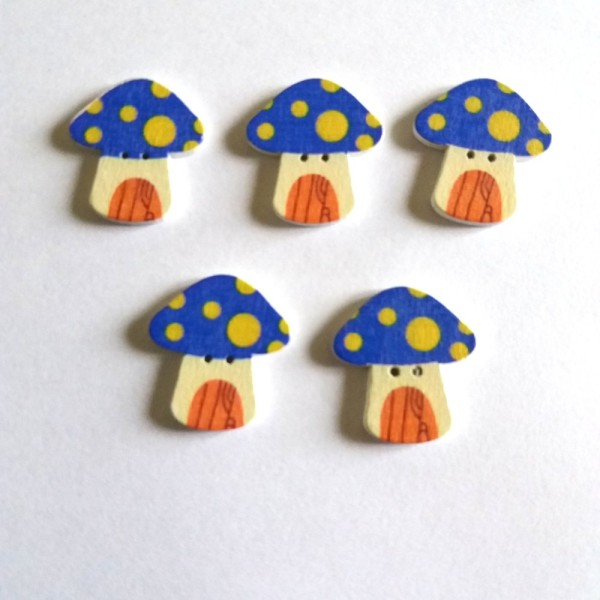 5 Boutons bois, champignons bleu et orange – 24x22mm - Photo n°1