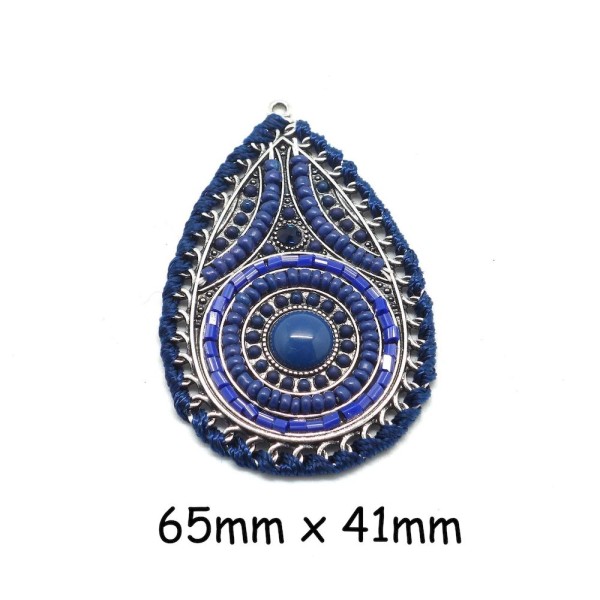 R-pendentif Goutte En Métal Argenté, Cabochon Bleu Et Perle De Rocaille, Ethnique 65mm - Photo n°1