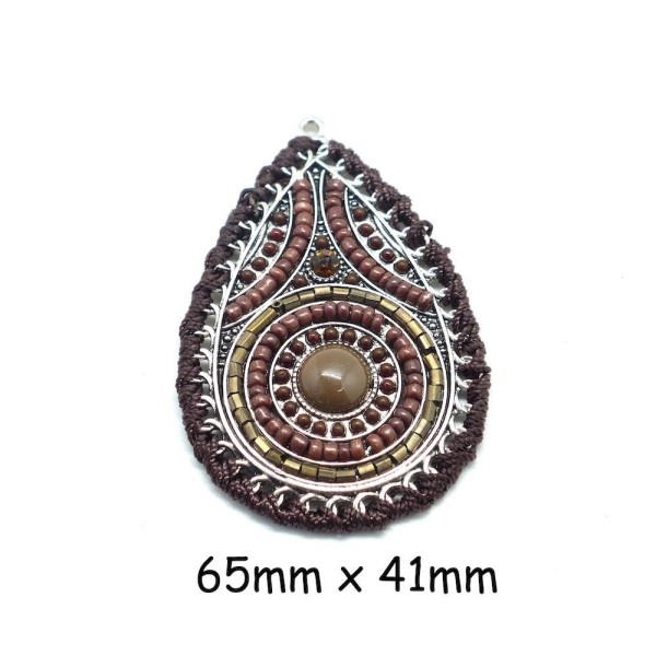 R-pendentif Goutte En Métal Argenté, Cabochon Marron Et Perle De Rocaille, Ethnique 65mm - Photo n°1